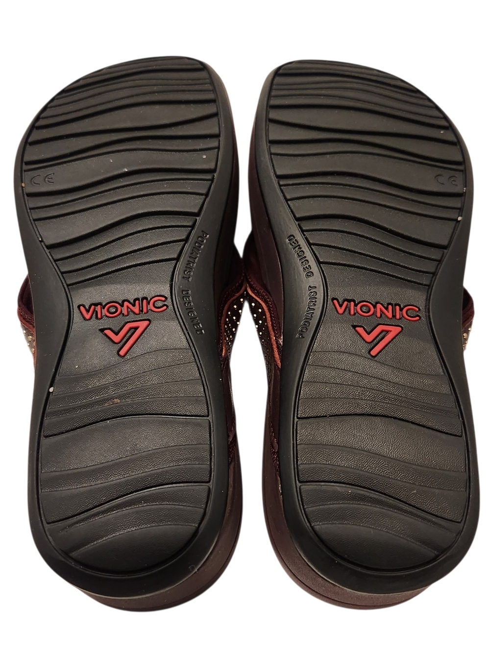 Vionic Burgundy Wedge Heel Sandals Orthopedic Shoes Gold Accent Flip-Flop Size 6 - Picture 4 of 11